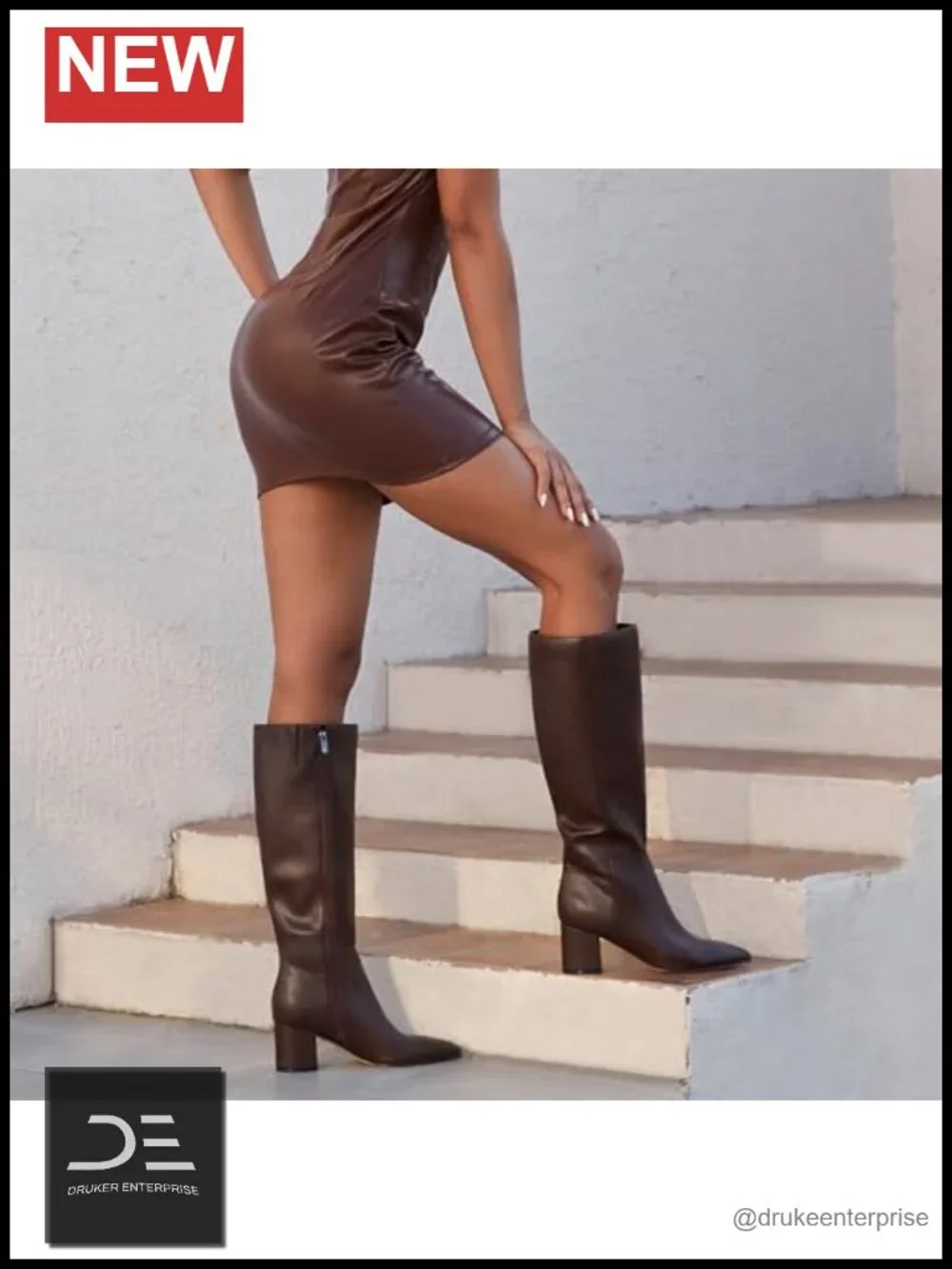 Women's Knee High Boots Block Heel Pointed Toe Faux Leather Tall Boots Zip